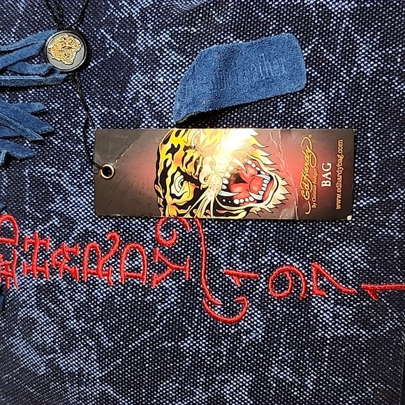 Ed Hardy Vintage Navy Felicia  Denim and Suede  Fringe Bag  Red Accents Rare- - Picture 8 of 16